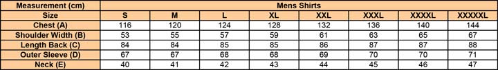 Mens Shirts Size Chart